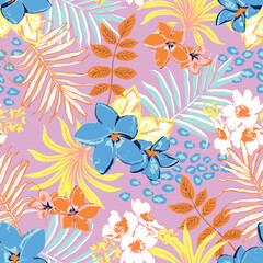 Summer Hibiscus and leaf seamless vector print for swimwear fashion stationary girls teens kids and ladies. bright fun colours pink and pretty colours. Tropical and Hawaiian pattern