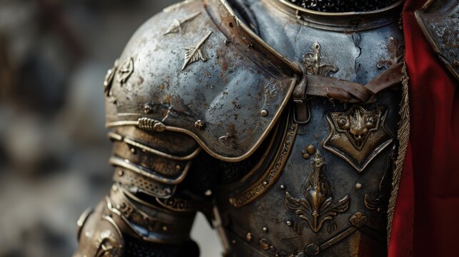 A detailed view of a person wearing a suit of armor. Suitable for historical or fantasy themes