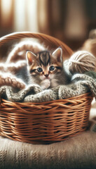 Fototapeta na wymiar Niedliches Kätzchen kuschelt in einem Weidenkorb