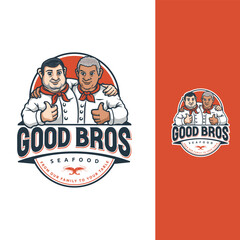two brothers chef seafood restaurant emblem mascot logo design vector