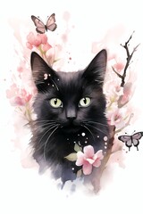 Black cat is surrounded with flowers. concept for greetingn card