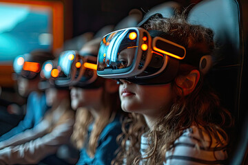 Realidad Virtual: Familia disfrutando en grupo de experiencias inmersivas y tecnología VR

