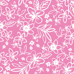 Summer hibiscus palm trees and leaf seamless vector print for swimwear fashion stationary girls ladies and teens. Bright fun cute colours. Pink and pretty cute colours. Tropical and Hawaii style.