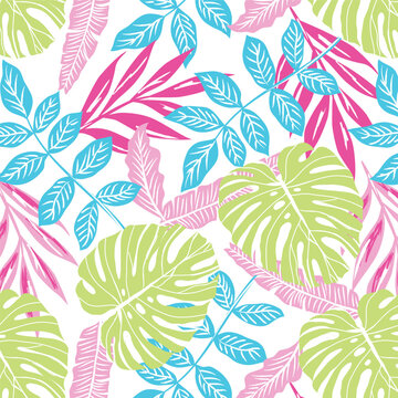Tropical Hibiscus Floral. Tropical leaves in bright fun neon colours. Seamless vector pattern for summer spring fashion girls teens fashion and swimwear 
