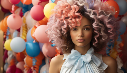 Fototapeta na wymiar A cute, curly haired woman smiling, celebrating with colorful balloons generated by AI
