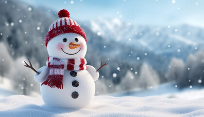 Obraz premium Cheerful snowman brings winter joy and happiness generated by AI