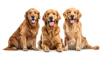 Three golden retrievers sitting side by side. Suitable for pet-related content or advertisements