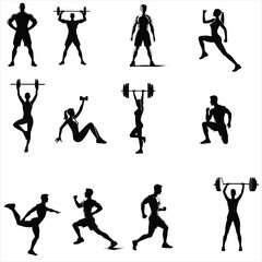 Collection of different exercise silhouettes ,calisthenics silhouettes ,female fitness, full body exercises , pushup exercise	