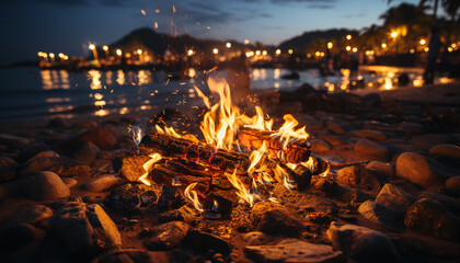 Glowing campfire burns bright, heating the summer night outdoors generated by AI