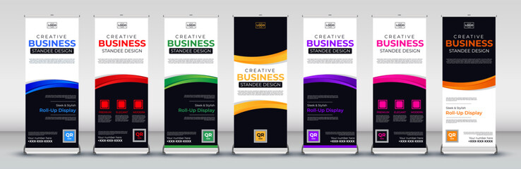 creative business roll up Banner Signboard Advertising standee print ready Template in red, green, blue, yellow, orange, purple, pink for for events, presentations