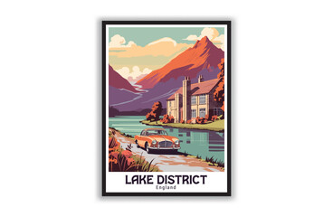 Lake District, England. Vintage Travel Posters. Vector art. Famous Tourist Destinations Posters Art Prints Wall Art and Print Set Abstract Travel for Hikers Campers Living Room Decor