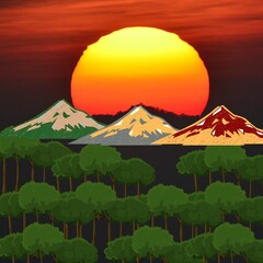 design of mountain and sunset landscape illustration art.