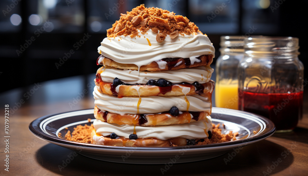 Wall mural freshly baked pancake with whipped cream and homemade berry sauce generated by ai