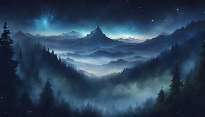 Beautiful View of Misty Aurora Night Mountain Forest Landscape 4k Horizontal Wallpaper Illustration