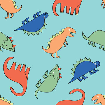 seamless dinosaur pattern. vector repeat print. sketchy cool modern fun design for boys and teen. Summer swimwear kids teens and boys. cute t rex stegosaurus fun sketchy doodle.  