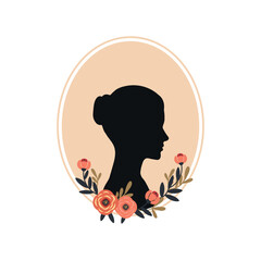 International women’s day woman with flowers and white frame silhouette card. Black silhouette of woman set, side view, face and neck only. Female vintage silhouette poster.