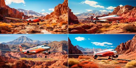 An airplane is depicted flying through various scenes surrounded by a red rock canyon. Visuals inspired by red rock canyon and sun-soaked flowers. Includes emotional color fields. Dry witty humor - Powered by Adobe
