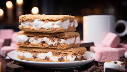 Homemade chocolate cookies on rustic wooden table, a sweet indulgence generated by AI