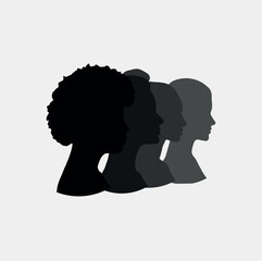 Black silhouette of woman set, side view, face and neck only. Female silhouette. Women's equality day. International Women's Day. Set  Women's silhouettes  on white background.