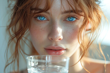 close up portrait of young beautiful woman drinking water