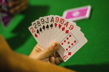 Mão feminina segurando cartas de baralho, foto feita em são paulo em 04 janeiro 2024 - obrazy, fototapety, plakaty