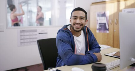 Computer, man and gym manager happy online feedback, fitness center and customer experience report. Portrait, small business owner and expert smile for job experience, career and sports club services