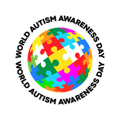 Autism Awareness Day. Colorful world globe puzzle logo badge round. Vector isolated on white background.