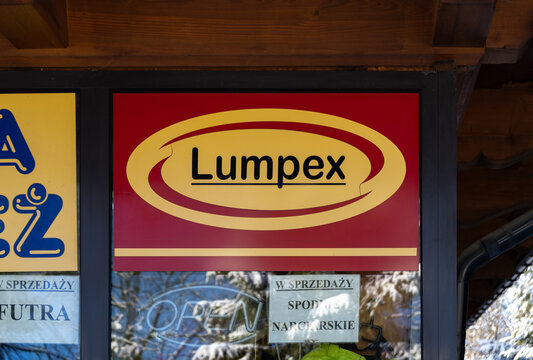 Lumpex shop logo sign. Polish cheap clothing store, signboard with logotype on January 10, 2024 in Zakopane, Poland.