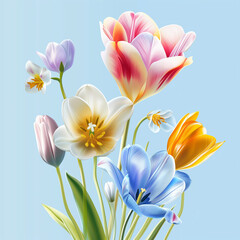 Bouquet of beautiful multi-colored summer flowers on a blue fantasy background