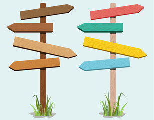 Isolated blank wooden sign post, guide post with painted wood, hand drawn wooden texture and grass. Signpost vector illustration for way, direction, way, business, street, choice, decoration and more.