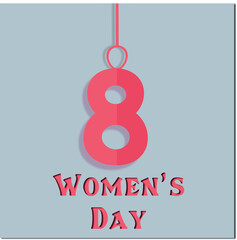 International Women's day 8 march white papercut spring postcard light blue background. Greeting card cut out effect. Figure eight for greeting card, flyer or brochure template.