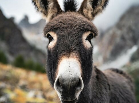Donkey in rural area, farm animal on the mountains, face closeup photography