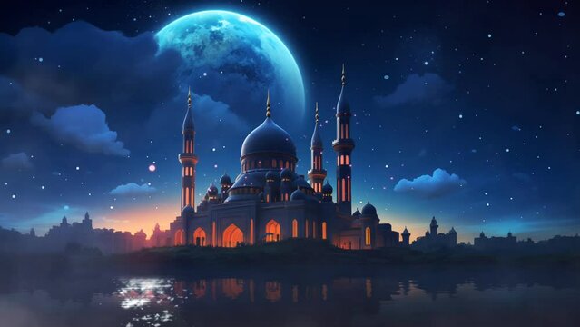 night view of the mosque ramadan background with shooting stars seamless looping 4k animation video