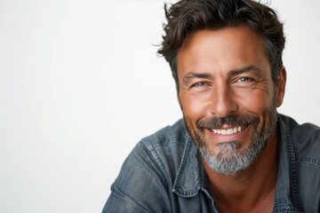 Obraz premium Close-up portrait of a mature, bearded man smiling in casual clothing. Isolated on white background and copy space.