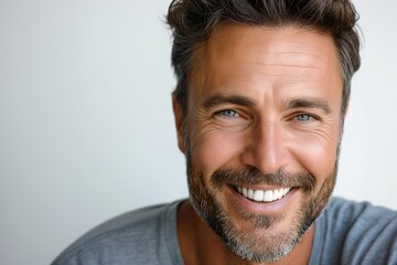 Fototapeta premium Close-up portrait of a mature, bearded man smiling in casual clothing. Isolated on white background and copy space.