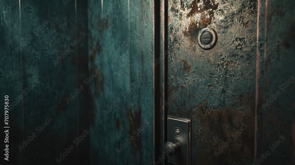 Poster a detailed close up view of a metal door with a knob. this image can be used to depict security, ent