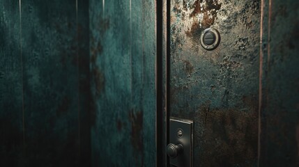 A detailed close up view of a metal door with a knob. This image can be used to depict security, entrance, or access control