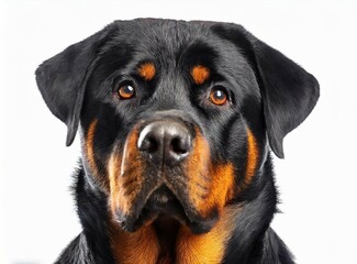 Rottweiler dog face closeup photography isolated on white background