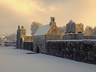 Boyle abbey in County Roscommon, ireland, in the snow