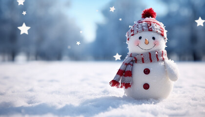 Obraz premium Snowman smiling in winter, surrounded by snowflakes generated by AI