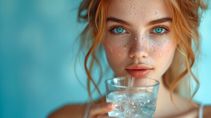 close up portrait of young beautiful woman drinking water - obrazy, fototapety, plakaty
