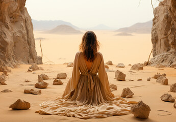 photograph showing a woman sitting on the sand. Minimalist beauty with realistic details. Soft and dreamy images that evoke nostalgia. Designed in a unique style to enhance visual appeal.