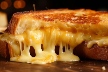 Macro view of a gourmet grilled cheese sandwich, highlighting the golden-brown crust and oozing cheese.