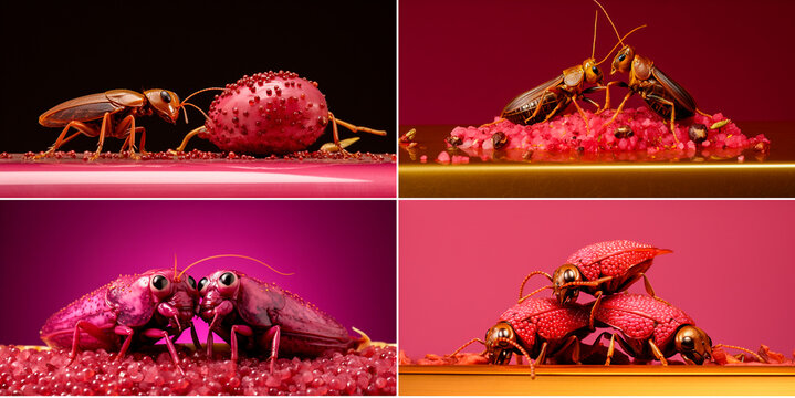 Works of art made from unconventional materials such as insects, olives and peppers. A combination of pink, dark red and gold color palette. Includes photographs of celebrities as part of the artwork
