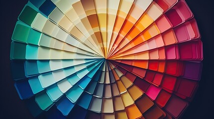 Color palette, swatches of different colors with brush and roller, paint sample catalog guide