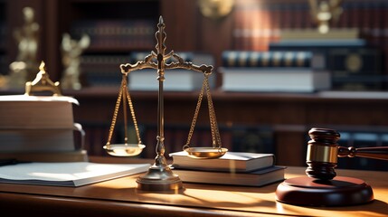 Scales of justice and judge's gavel on the lawyer's desk office in daylight - obrazy, fototapety, plakaty