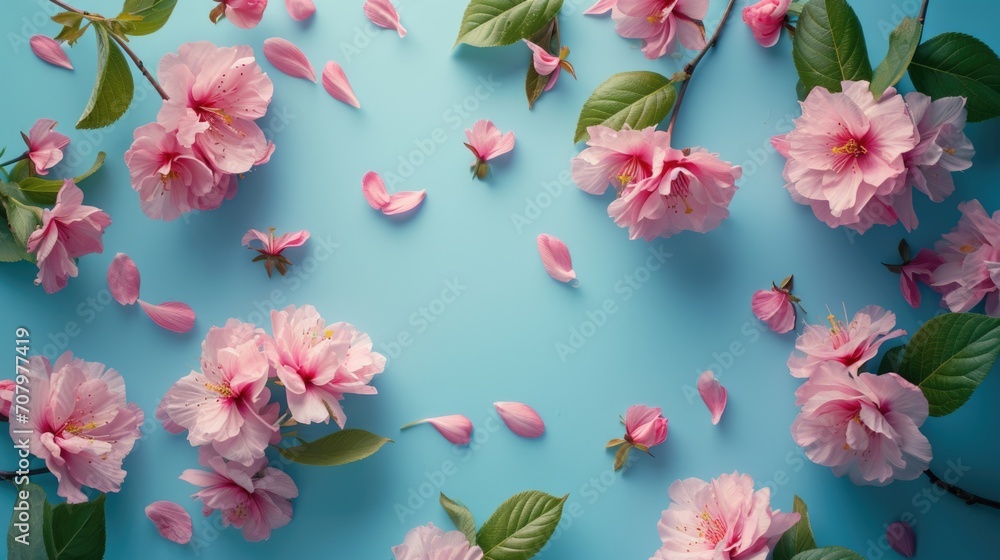 Aufkleber A beautiful bunch of pink flowers arranged on a smooth blue surface. Perfect for adding a pop of color to any design or project