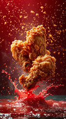  crispy and crunchy fried chicken surrounded by spices flying in the air against a plain red background
