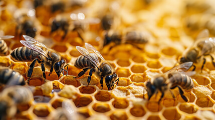 cute swarm of bees working at bee honeycomb; background with empty space for text