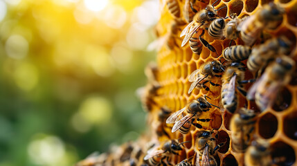 cute swarm of bees working at bee honeycomb; background with empty space for text